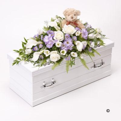 Childrens Casket Spray with Teddy   Lilac & Blue