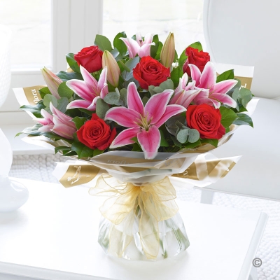 Red Rose, Pink Lily & Boxed Chocolates