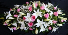 Pink Rose & White Lily Coffin Spray